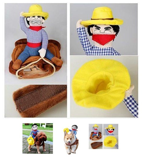 Funny Cowboy Rider Dog Costume – Cotton Pet Clothes with Plush Rider Doll, Adjustable Saddle Harness Outfit for Dogs