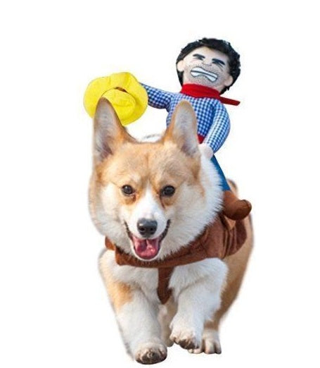 Funny Cowboy Rider Dog Costume – Cotton Pet Clothes with Plush Rider Doll, Adjustable Saddle Harness Outfit for Dogs