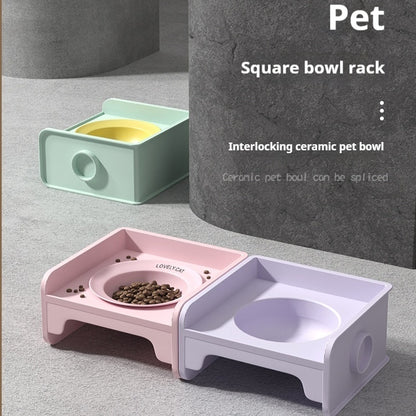 Ceramic Cat Bowl with Height-Adjustable Square Rack – Elevated Feeding Dish, UFO & Square Styles