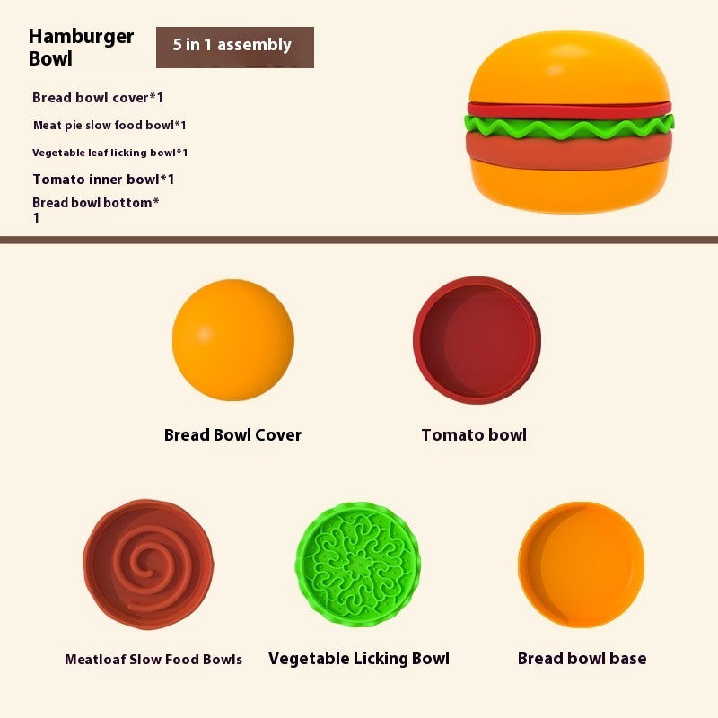 Hamburger Style 5-in-1 Dog Bowl – Anti-Choke Non-Slip Silicone Slow Feeder, Multi-Color