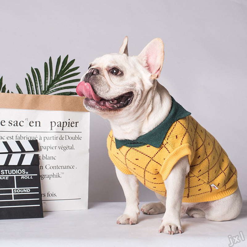 Pineapple Dog Sweater – Cute Yellow Cotton Knit Pet Clothes for Small & Medium Dogs, Warm Pullover Outfit